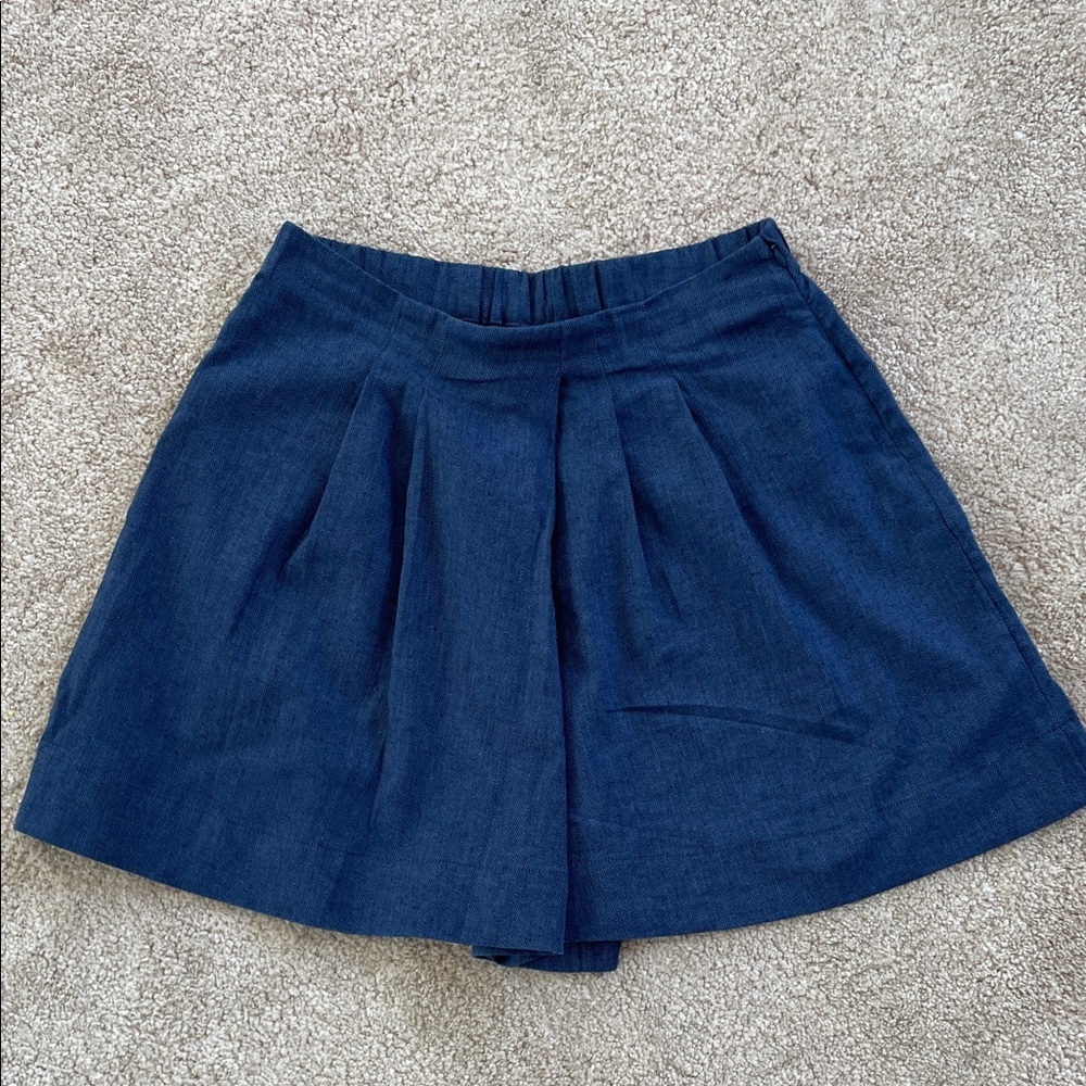 Linen Blend Pleated Herringbone Navy Blue Skort